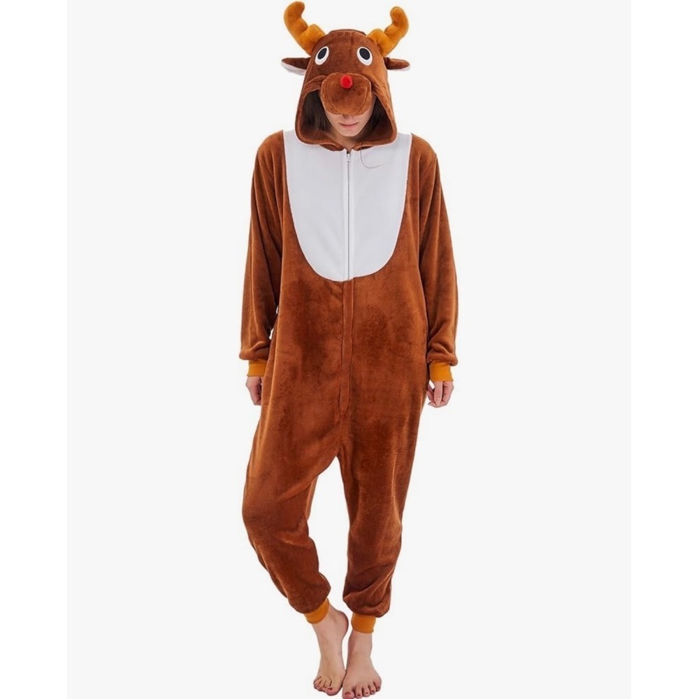 NEW Reindeer Onesie‎ Large Brown Plush Christmas Holiday Costume